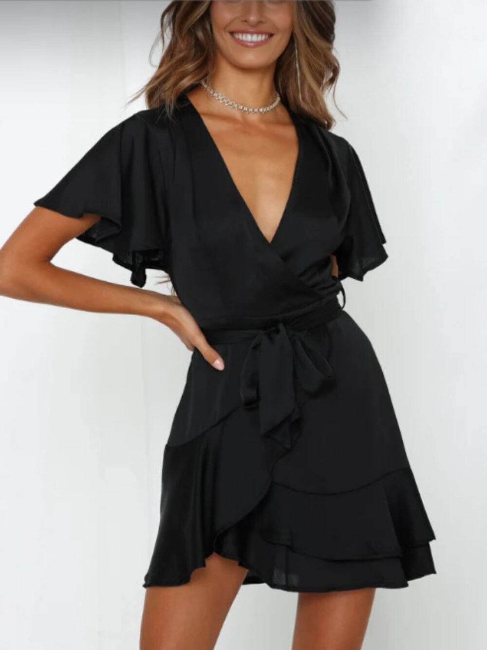 Saints + Secrets Black Silky Short Flutter Sleeve Faux Wrap Dress Size S